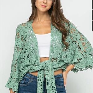 Raj Sage Green Crochet Tie-Front Shrug